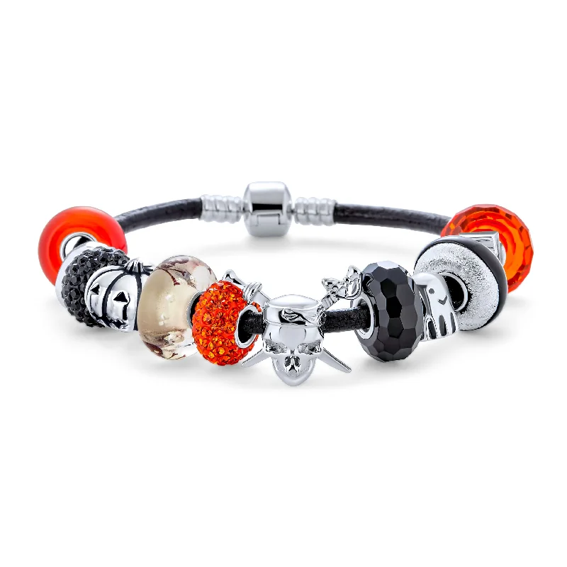 ladies bracelet floral silver-Cross Skull Ghost Pumpkin Charm Bracelet with Black Orange Beads Leather & Silver