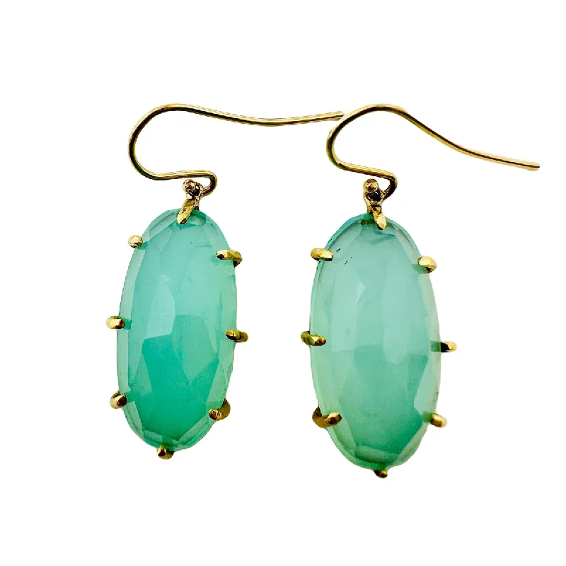 Ladies earrings synthetic jewel options-Sally Kay 18K Gold Oval Faceted Green Chalcedony Earrings