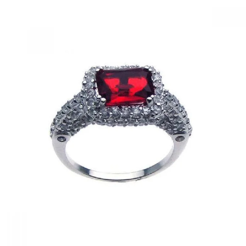 Ladies rings retro futuristic styles-Silver 925 Rhodium Plated Red Center Pave Set Clear CZ Ring - STR00475