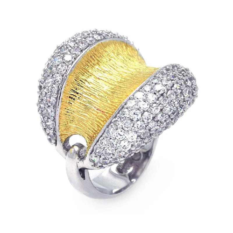 Ladies rings eco-friendly materials-Silver 925 Rhodium and Gold Plated 2 Toned Clear Pave Set CZ Open Dome Ring - BGR00326