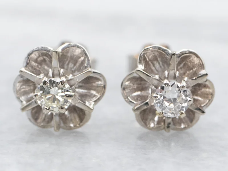 Ladies earrings medium drop styles-White Gold Buttercup Diamond Stud Earrings