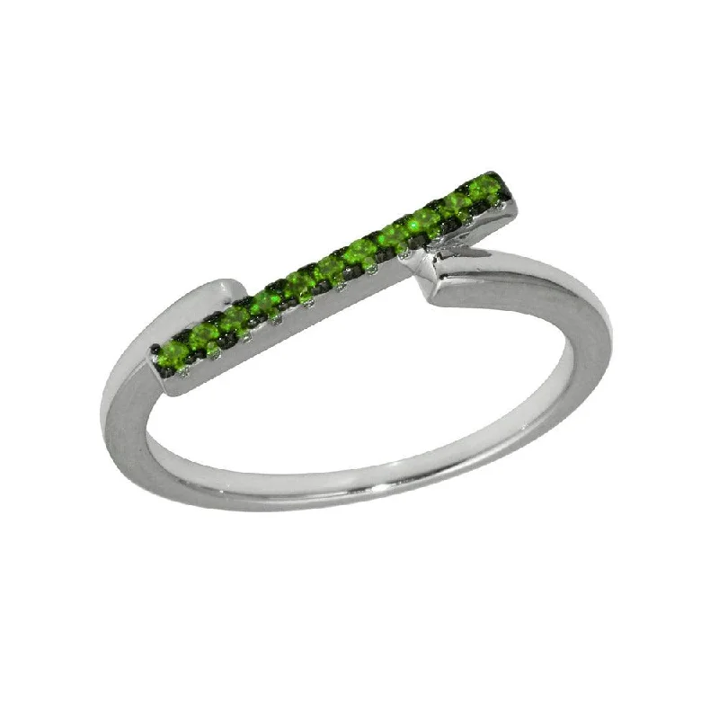 Ladies rings index finger trends-Rhodium Plated 925 Sterling Silver Green CZ Bar Ring - BGR01234GRN