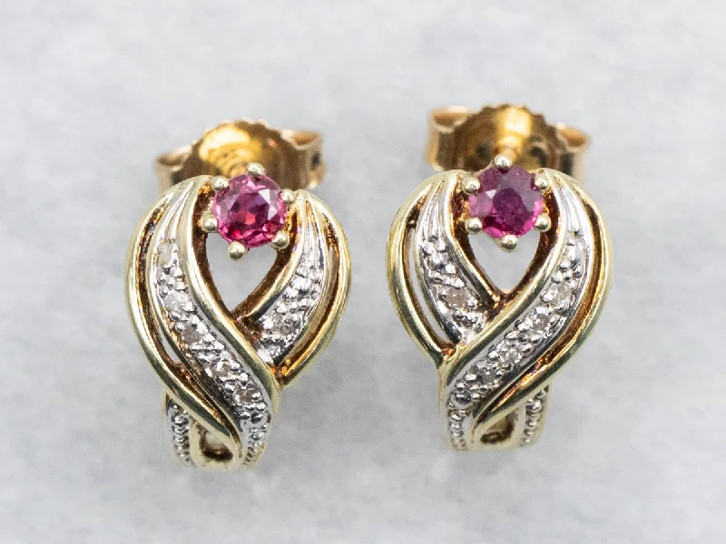 Ladies earrings Christmas gift designs-Two Tone Ruby and Diamond Crossover Stud Earrings