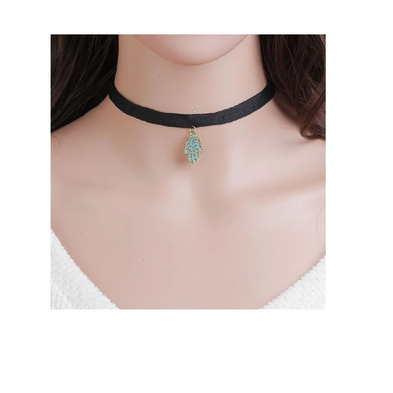 ladies necklace elegant-Sexy Sparkles Velvet Hamsa Hand Choker Necklace for Women Girls Gothic Choker Bolo Tie