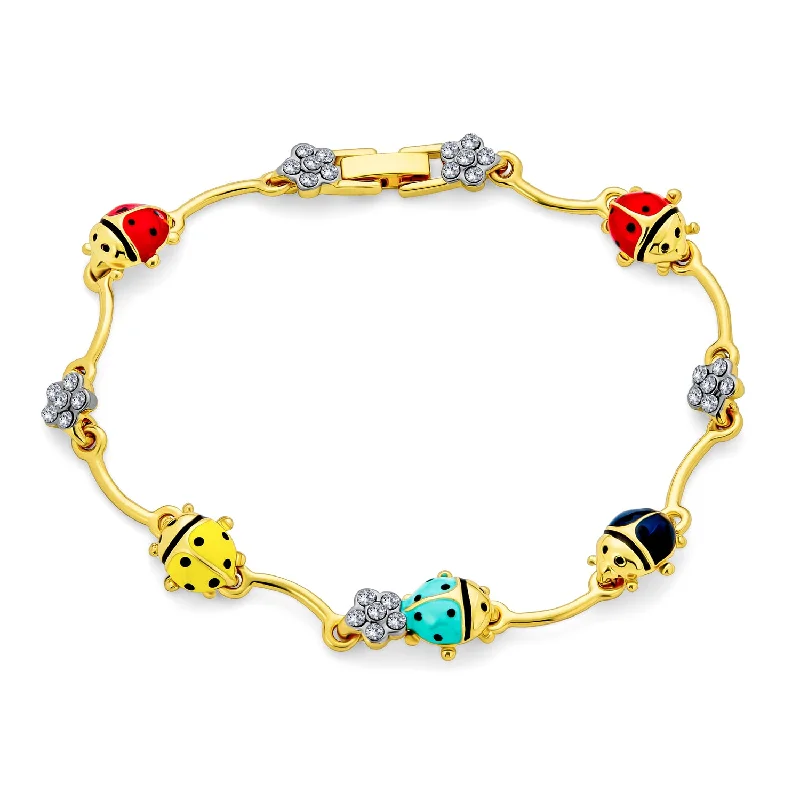 ladies bracelet birthstone silver-Garden Lucky Ladybug Link Charm Bracelet Crystal Gold Plated