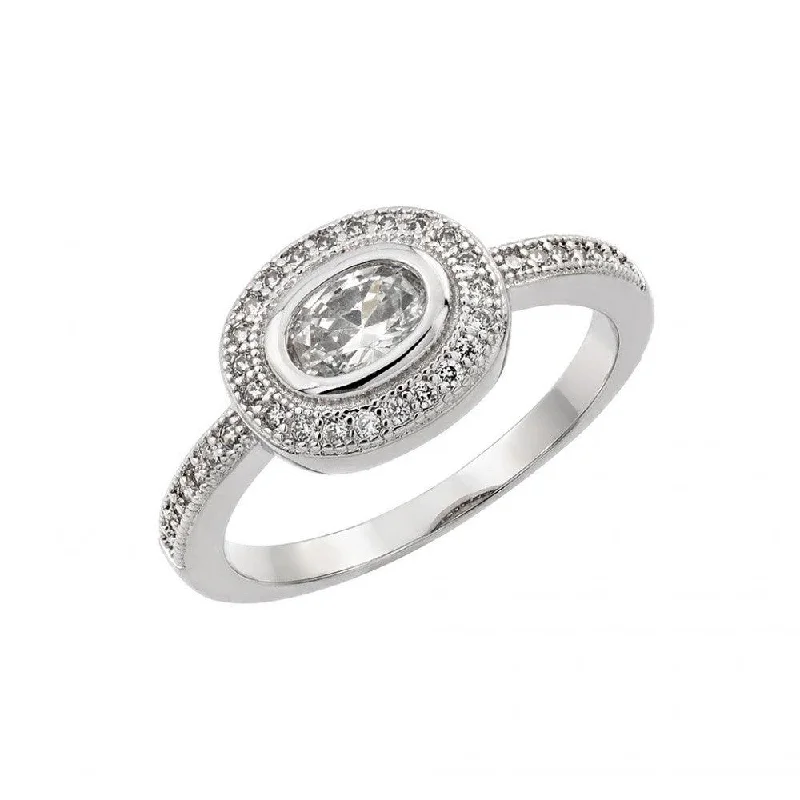 Ladies rings curved edge designs-Silver 925 Rhodium Plated Clear CZ Oval Ring - BGR00913