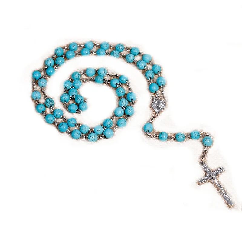 ladies necklace fringe silver-SEXY SPARKLES Christian / Catholic Cross Religious Prayer Rosary Beads Y Shaped Lariat Turquoise Color Necklace