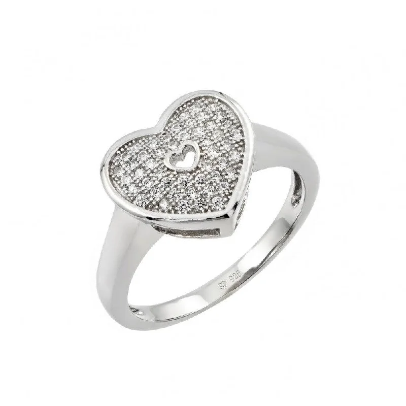 Ladies rings raw stone designs-Silver 925 Rhodium Plated Micro Pave Heart CZ Ring - STR00950