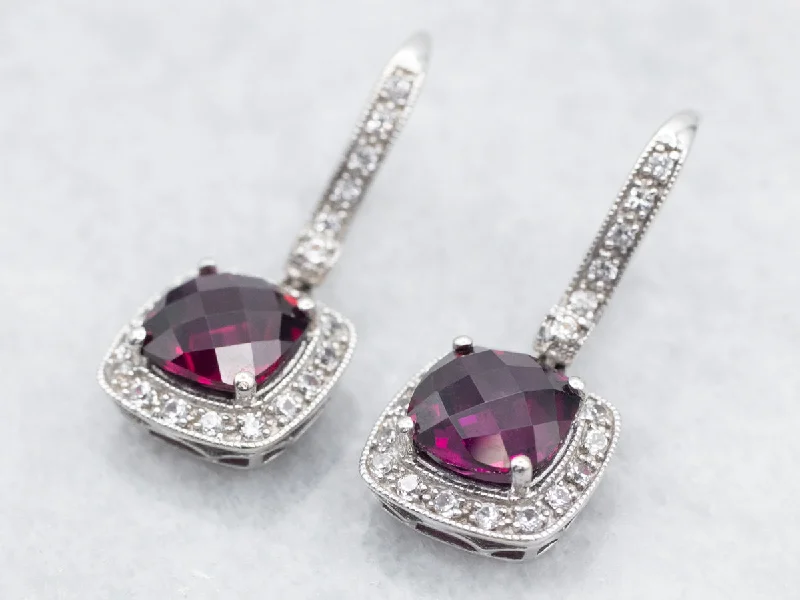 Ladies earrings impressionist vibe earrings-Rhodolite Garnet Drop Earrings with Diamond Halo