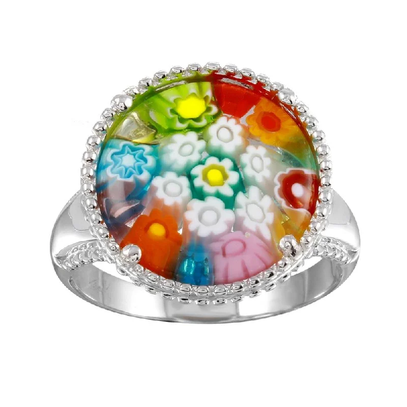 Ladies rings secure fit designs-Rhodium Plated 925 Sterling Silver Murano Glass Beaded Design Ring - MR00002