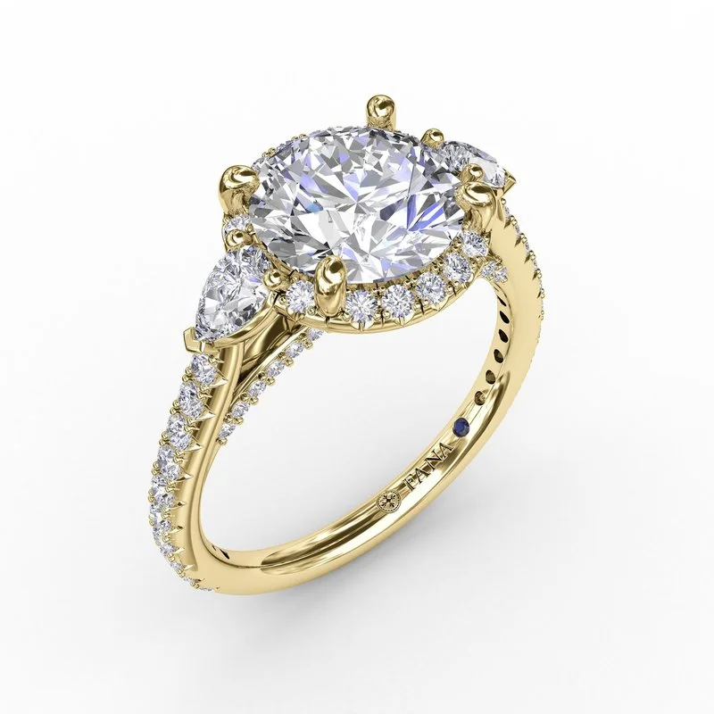 Ladies engagement rings unique designs-Round Diamond Halo Engagement Ring With Pear-Shape Side Stones