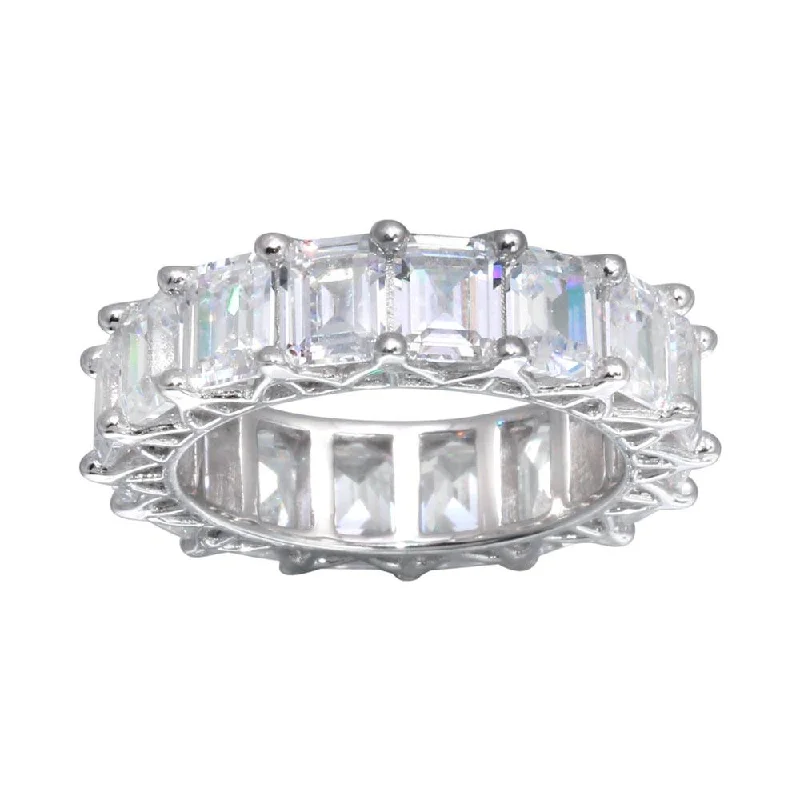 Ladies rings polished gemstone styles-925 Sterling Silver Emerald Cut CZ Eternity Band Ring - GMR00289