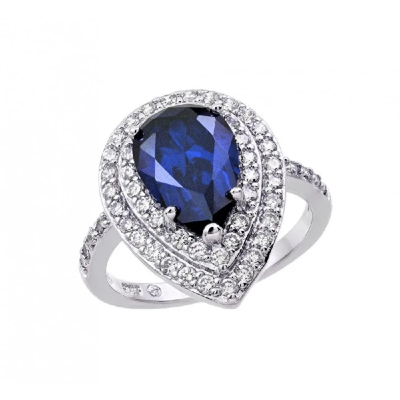 Ladies rings cluster ring styles-Silver 925 Rhodium Plated Blue Center and Clear Cluster CZ Teardrop Ring - BGR00887TAN