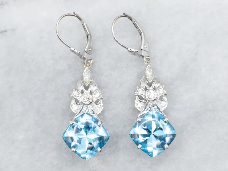 Ladies earrings dangling charm styles-Blue Topaz and Diamond Drop Earrings