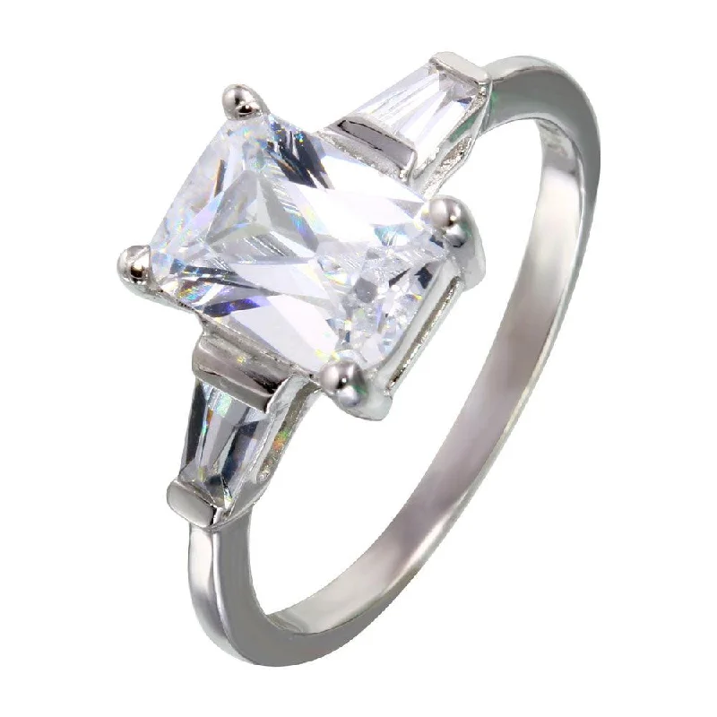 Ladies rings distressed look styles-Rhodium Plated 925 Sterling Silver Square and Baguette CZ Stones Ring - STR00703