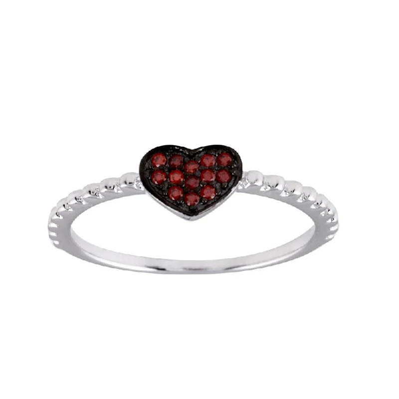 Ladies rings European-inspired flair-Rhodium Plated 925 Sterling Silver Beaded Heart Red CZ Ring - BGR01245RED