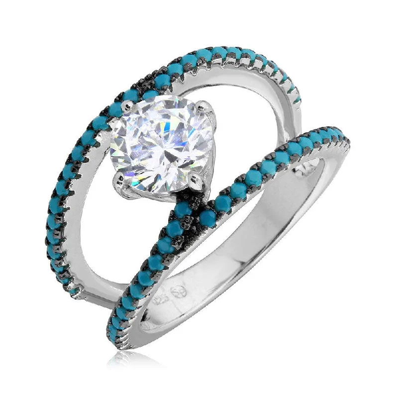 Ladies rings durable craft designs-Rhodium Plated 925 Sterling Silver Open Shank Turquoise and CZ Stone Ring - BGR01084