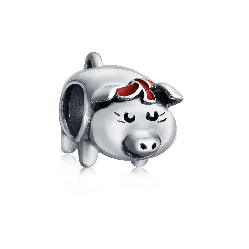 ladies bracelet textured-Cute Hog Piggy Bank Charm Bead Sterling Silver for European Bracelets