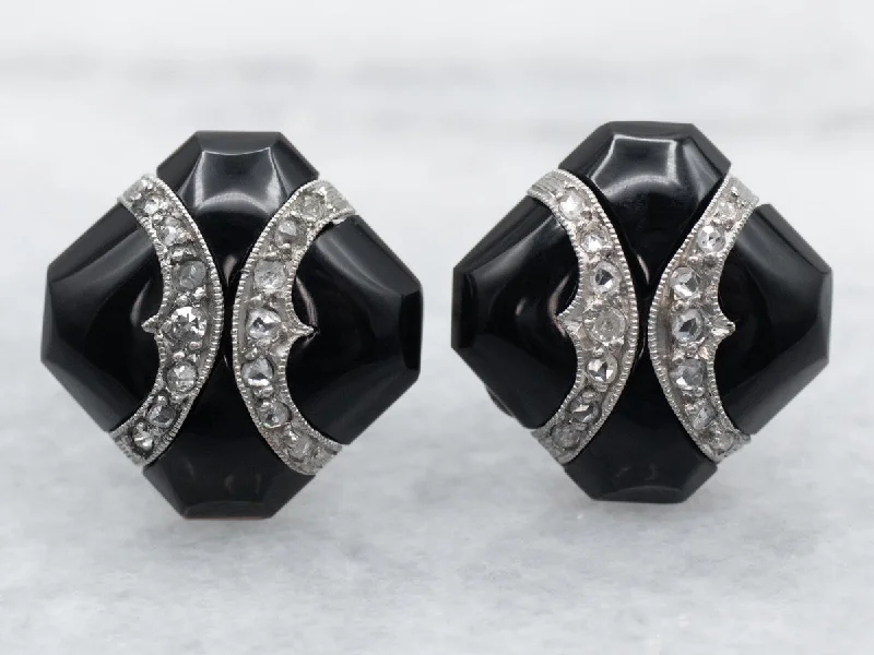 Ladies earrings channel set earrings-Black Onyx and Diamond Stud Earrings