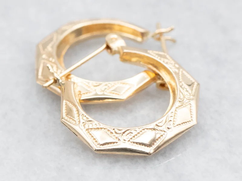 Ladies earrings vintage estate pieces-Geometric Etched Patterned Hoop Earrings