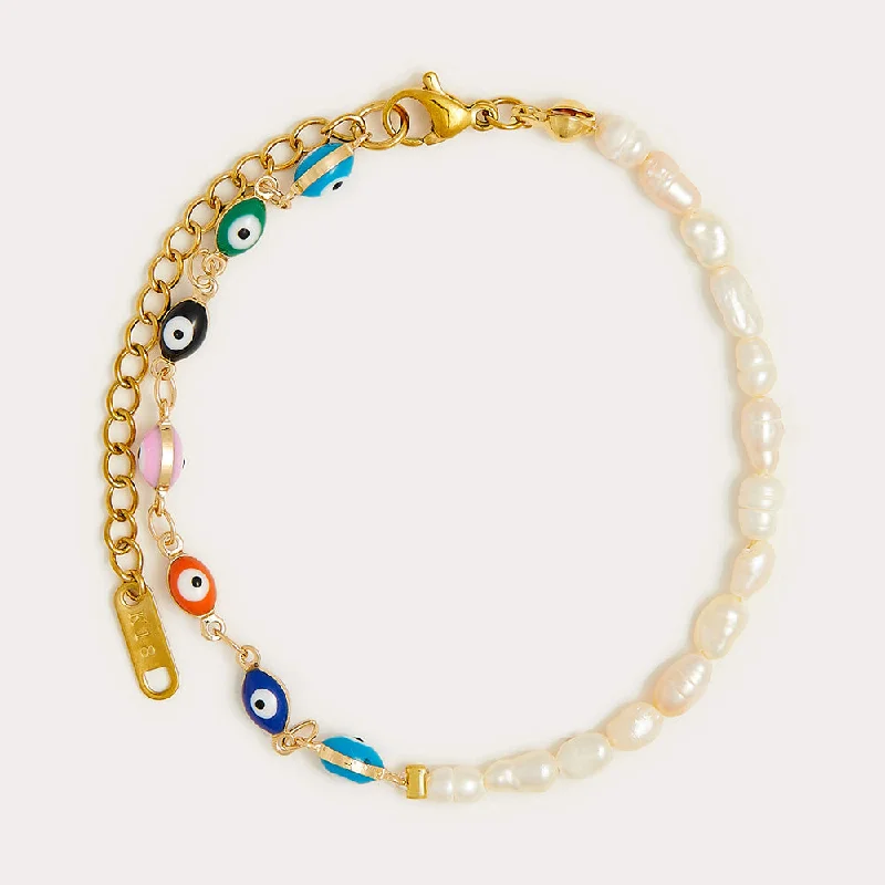 ladies bracelet black diamond-Evil Eye Pearl Bracelet