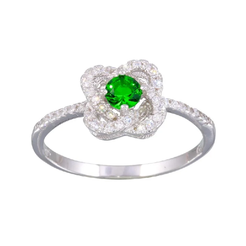 Ladies rings tapered band rings-Rhodium Plated 925 Sterling Silver CZ Knot Green Center Stone Ring - BGR01141GRN