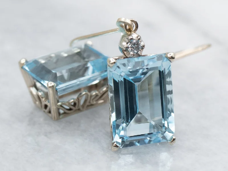 Ladies earrings jade decorative pieces-Pretty Blue Topaz and Diamond Drop Earrings