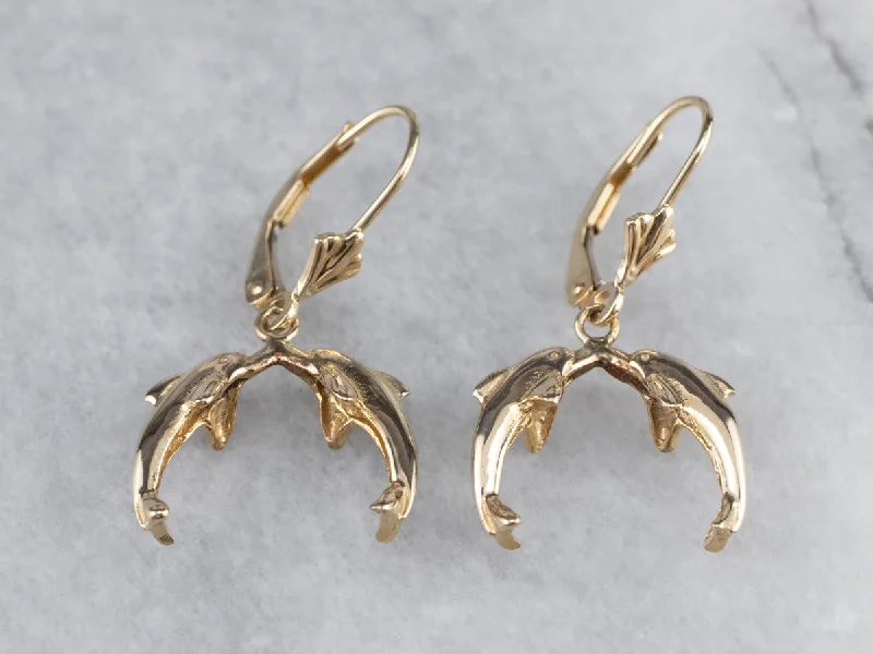 Ladies earrings unique artisan designs-Yellow 14K Gold Dolphin Drop Earrings