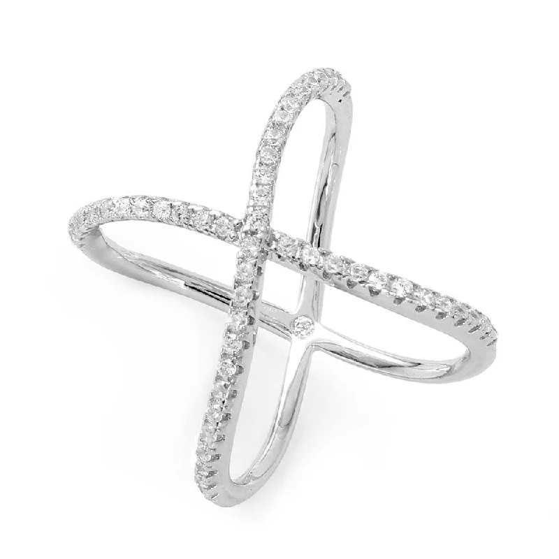 Ladies rings futuristic design styles-Silver 925 Rhodium Plated Wavy X Ring - BGR00965