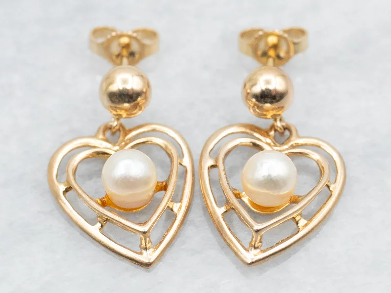 Ladies earrings latest fashion trends-Polished Gold Heart and Pearl Drop Earrings