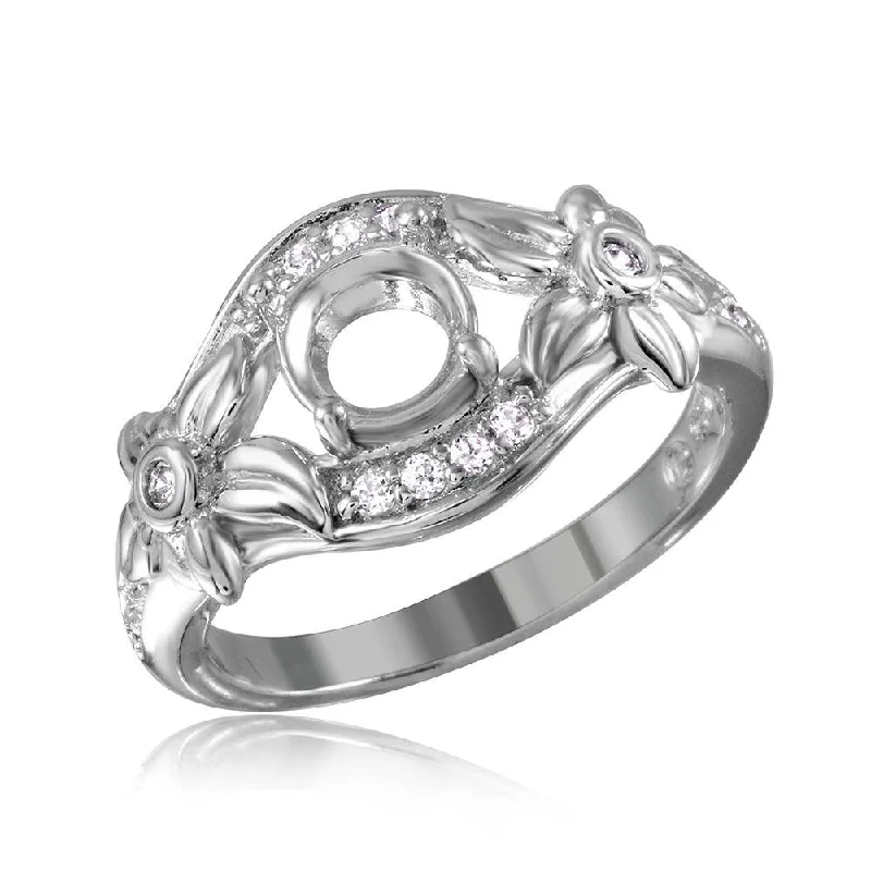 Ladies rings tapered band rings-Silver 925 Rhodium Plated Flower Shank Single Stone Mounting Ring - BGR00814