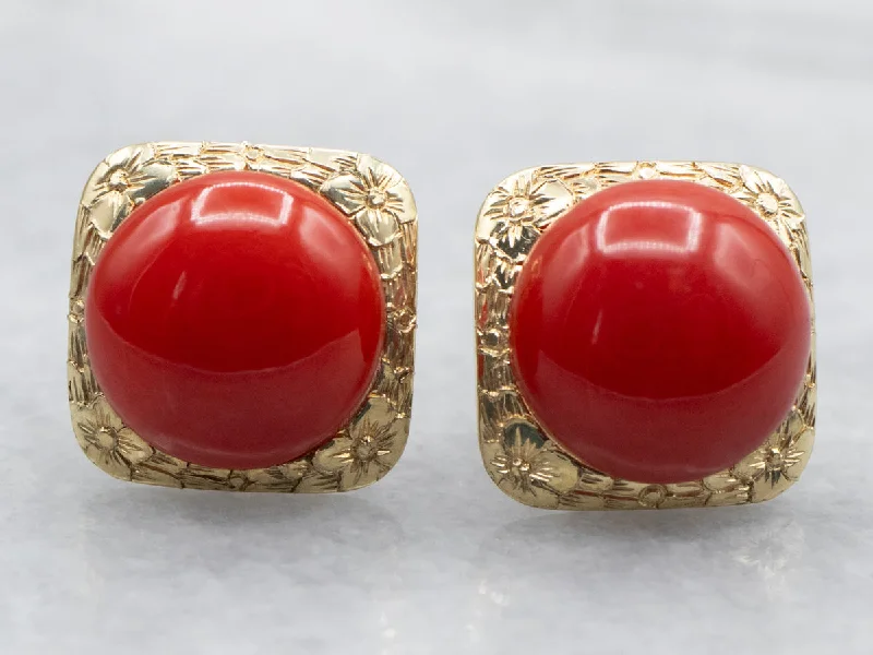 Ladies earrings symmetrical balance styles-Yellow Gold Round Cut Coral Cabochon Stud Earrings