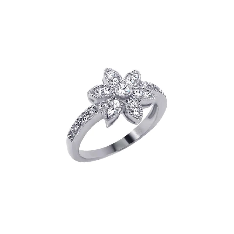 Ladies rings pop art rings-Silver 925 Rhodium Plated Micro Pave CZ Flower Ring - ACR00018