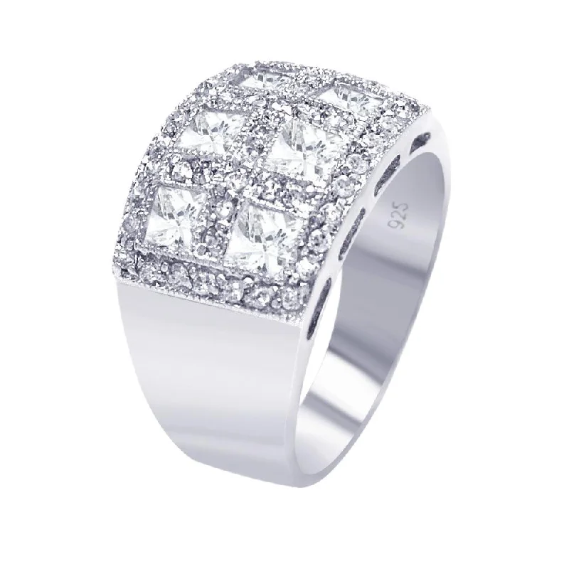 Ladies rings dramatic flair rings-Silver 925 Rhodium Plated Clear Square Pave CZ Cigar Band Bling Ring - AAR0055