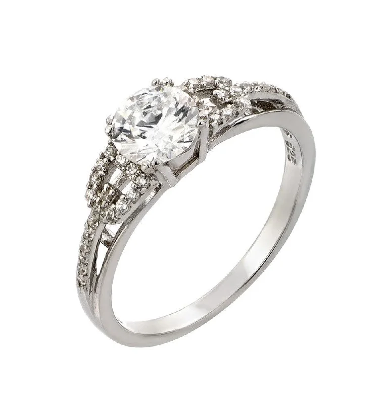 Ladies rings shiny gold rings-Silver 925 Rhodium Plated Round Clear CZ Ring - STR00924