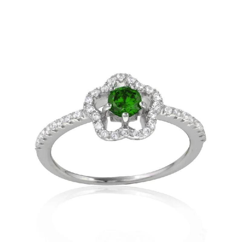 Ladies rings marquise cut rings-Rhodium Plated 925 Sterling Silver Clover Micropave Ring with Green Center CZ and Clear Round CZ - BGR01120GRN