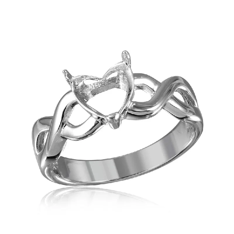 Ladies rings matte finish options-Silver 925 Rhodium Plated Open Overlap Shank Heart Stone Mounting Ring - BGR01218