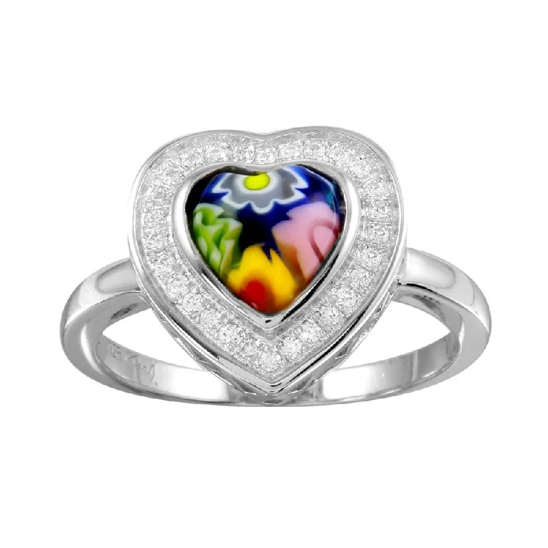 Ladies rings ergonomic shape rings-Rhodium Plated 925 Sterling Silver Heart Murano Glass Halo CZ Ring - MR00005