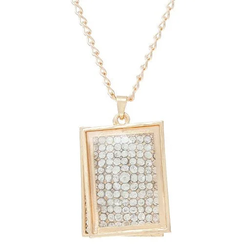 ladies necklace edwardian-Curb Chain Necklace with Pendant Gold Tone Rectangle with Crystals and Lobster Clasp Extender