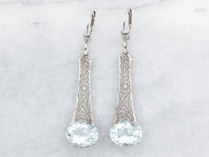 Ladies earrings geometric shape styles-Art Deco Aquamarine Filigree Drop Earrings