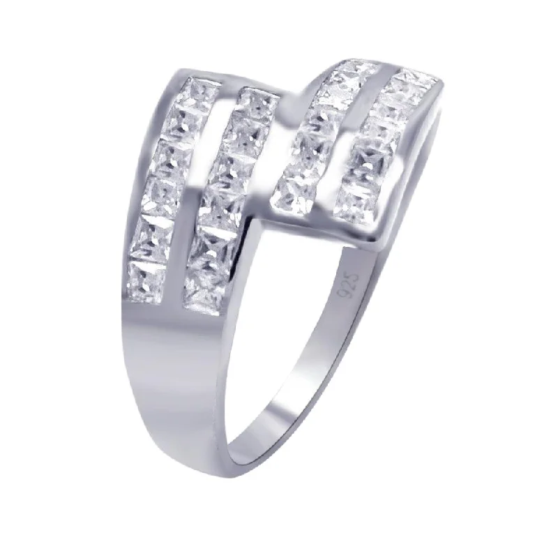 Ladies rings brass vintage styles-Silver 925 Rhodium Plated Clear Square CZ Ribbon Ring - AAR0045