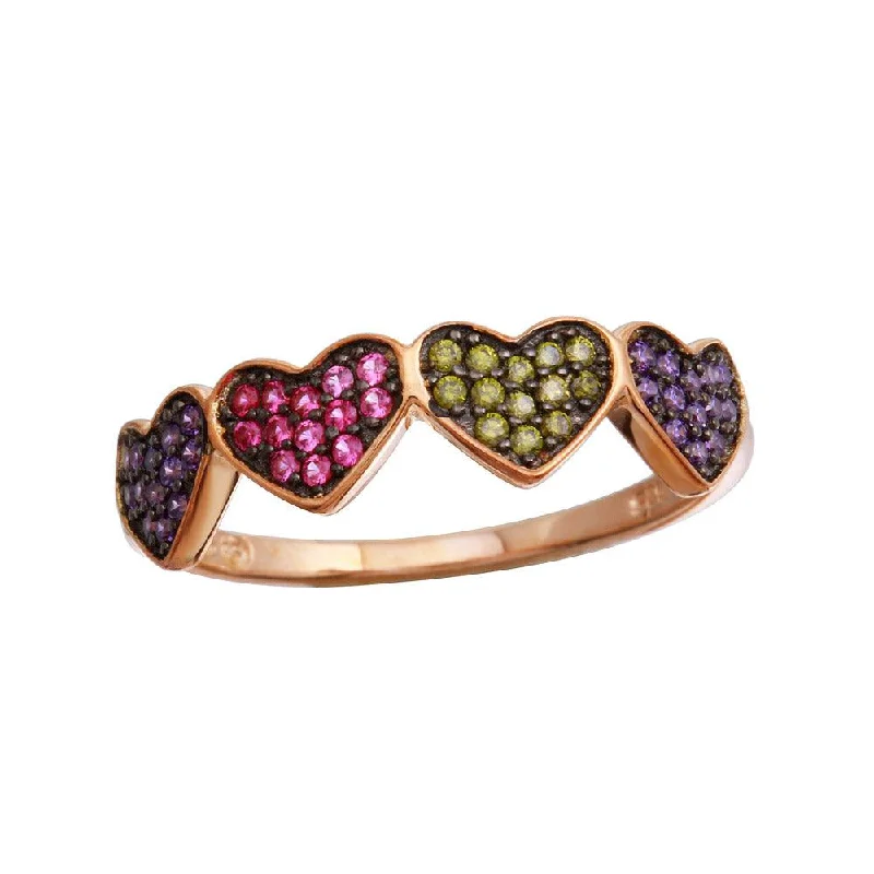 Ladies rings radiant shine styles-Rose Gold Plated 925 Sterling Silver 4 Heart Ring with Multi-Colored CZ - BGR01236