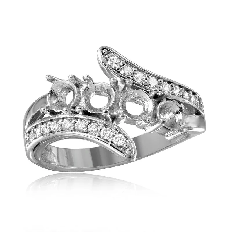 Ladies rings vintage modern rings-Silver 925 Rhodium Plated 3 Row CZ with 4 Round Mounting Ring - BGR00495