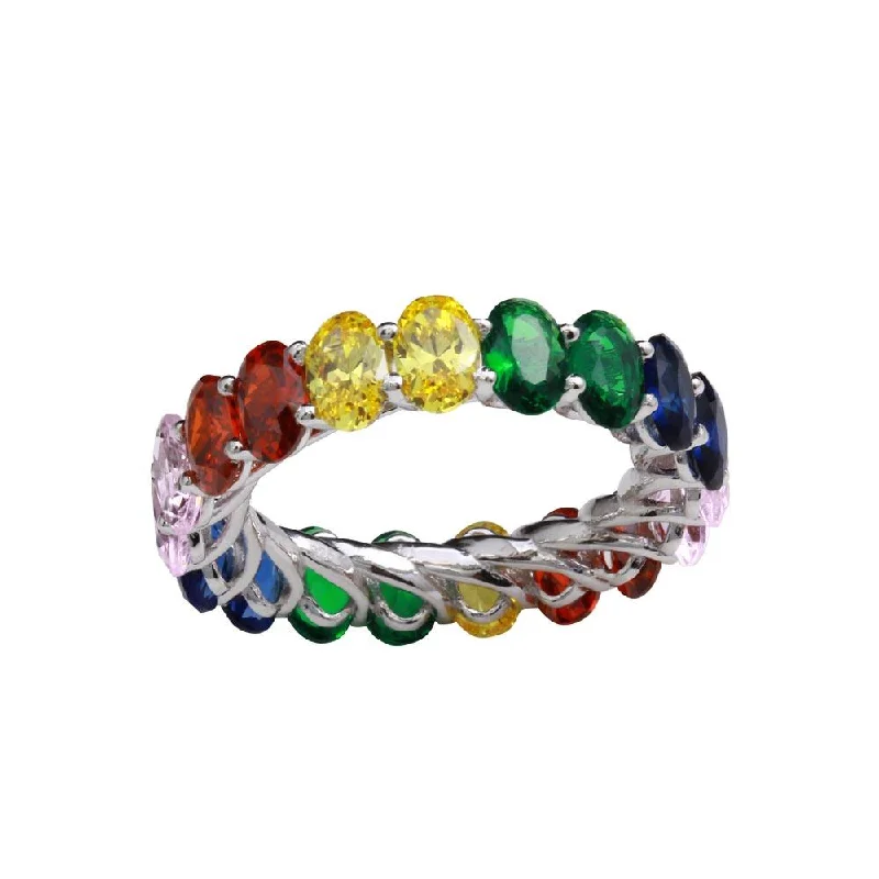 Ladies rings luxurious bold designs-Rhodium Plated 925 Sterling Silver Multi-Colored CZ Eternity Ring - GMR00268RBC