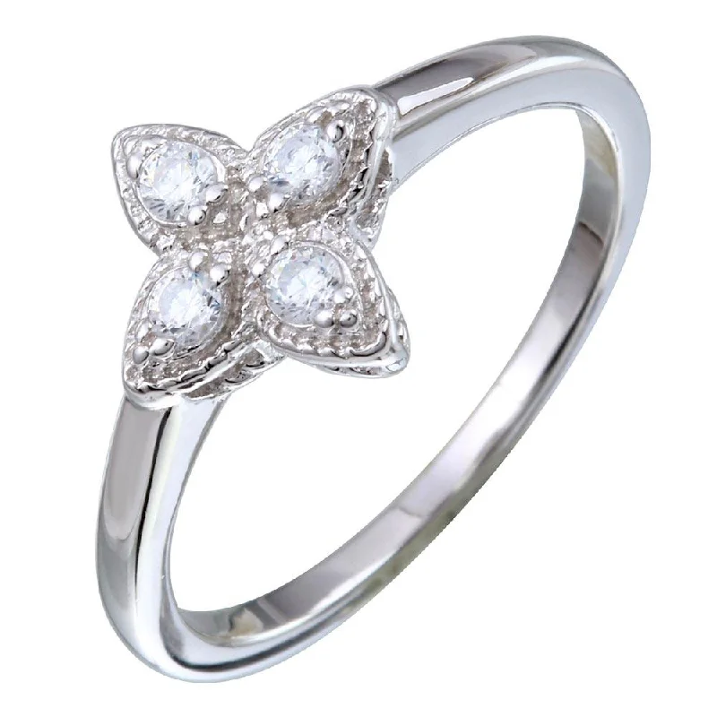 Ladies rings celestial theme rings-Rhodium Plated 925 Sterling Silver 4 Petal CZ Ring Pendant - BGR01167