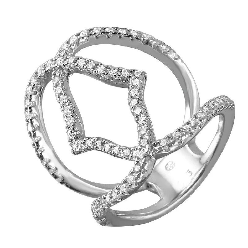 Ladies rings earthy tone designs-Silver 925 Rhodium Plated Bracket Wire Ring with CZ Accents - BGR00977