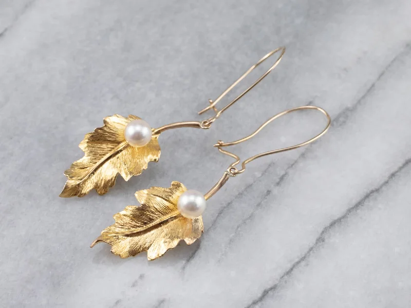 Ladies earrings rounded edge designs-Pearl Gold Leaf Drop Earrings