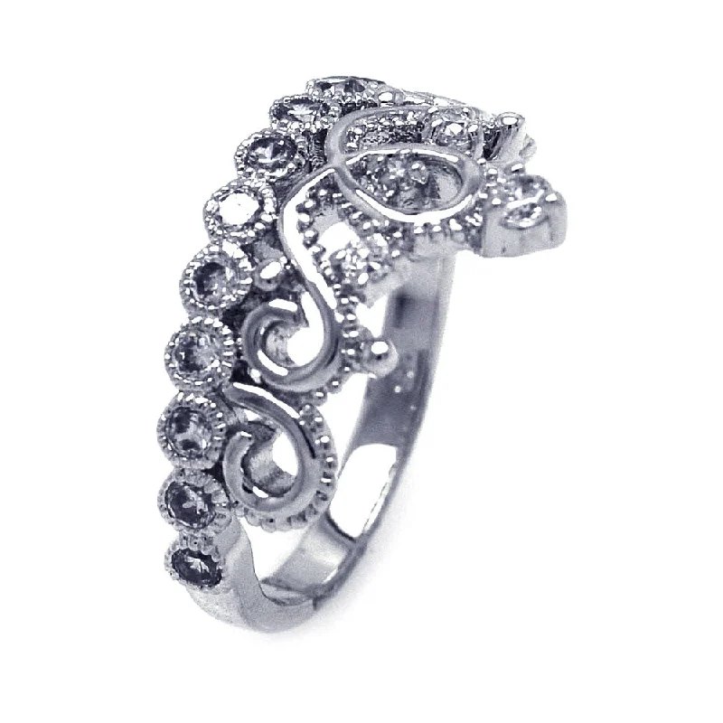 Ladies rings expressionist designs-Silver 925 Rhodium Plated Crown Pear and Round CZ Ring - BGR00113