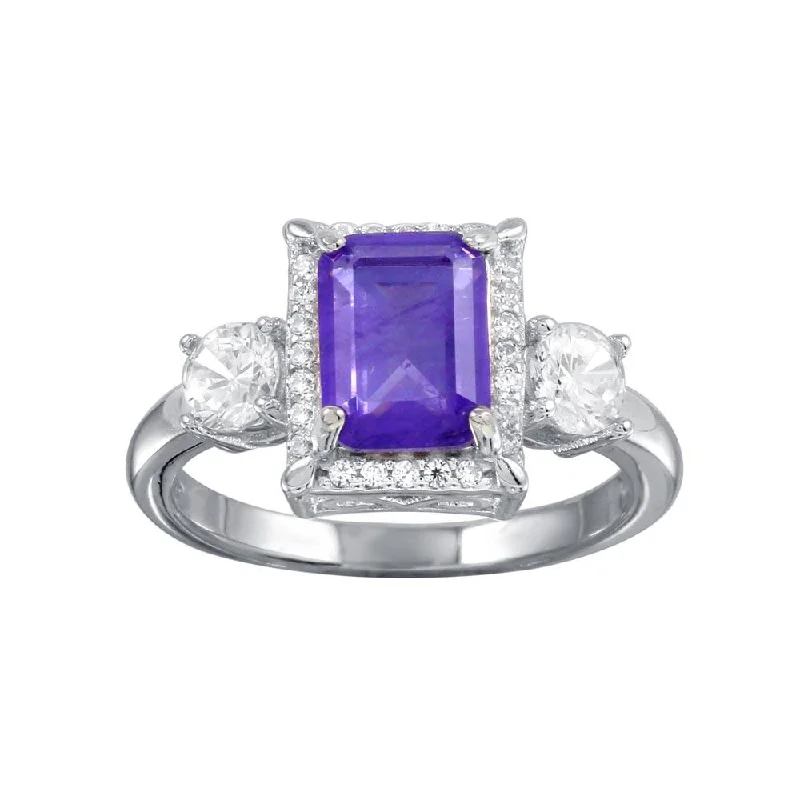 Ladies rings balanced proportion styles-Rhodium Plated 925 Sterling Silver Purple Center Halo CZ Ring - BGR01270