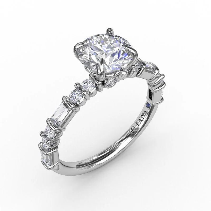 Ladies engagement rings bezel designs-Contemporary Diamond Solitaire Engagement Ring With Baguettes and Round Diamond Accents